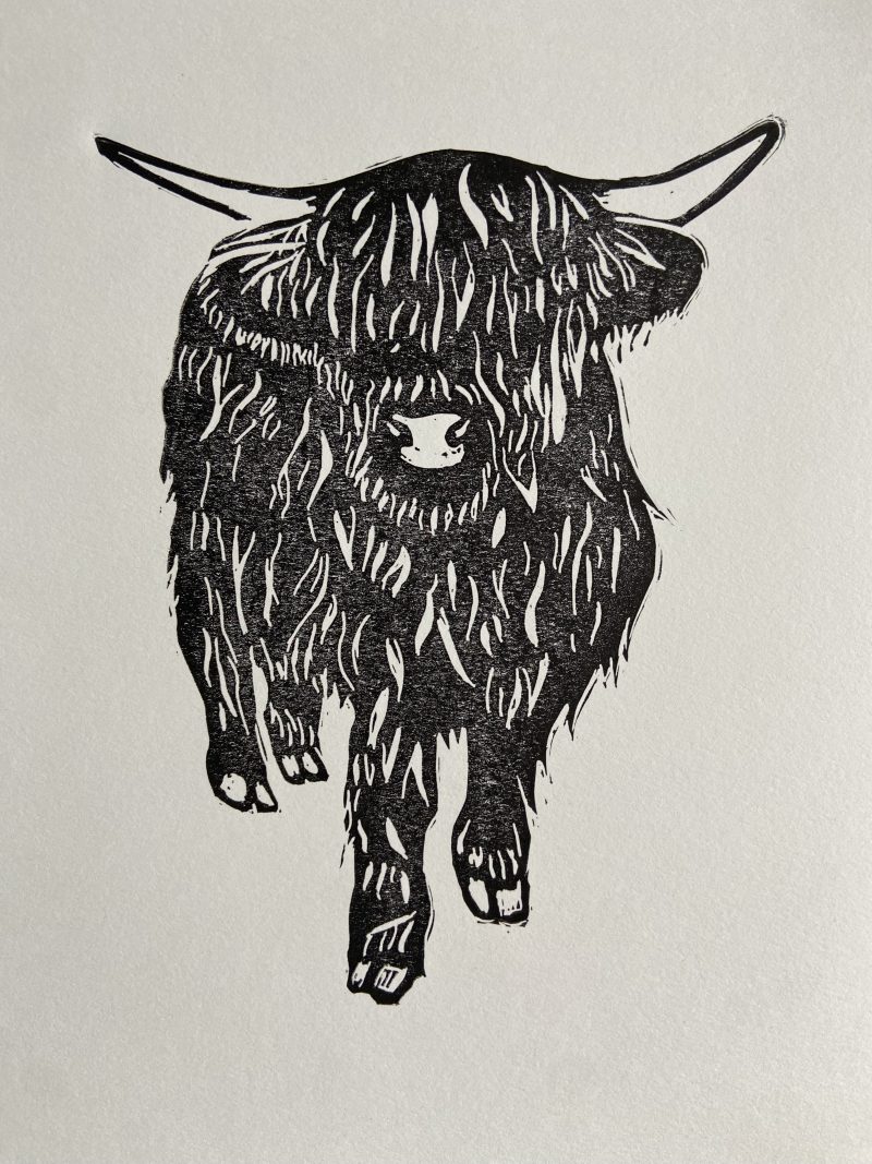 Black Scottish Highland Cow Handmade Lino Print