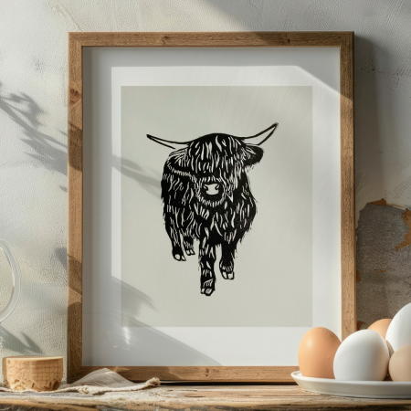 Black Scottish Highland Cow Handmade Lino Print