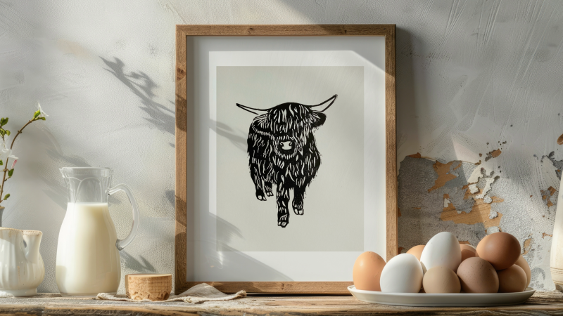 Black Scottish Highland Cow Handmade Lino Print