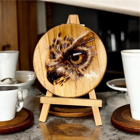Hand Burned Owl Eye Wooden Coaster | Handmade Pyrography Drinks Coaster | Woodland Home Decor