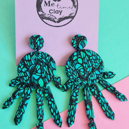 Emerald Green Dangle Earrings, Polymer Clay Statement Earrings with mosaic pattern