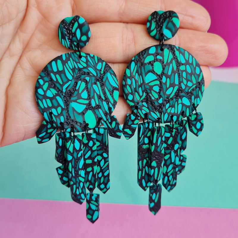 Emerald Green Dangle Earrings, Polymer Clay Statement Earrings with mosaic pattern