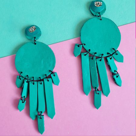 Emerald Green Dangle Earrings, Polymer Clay Statement Earrings with mosaic pattern