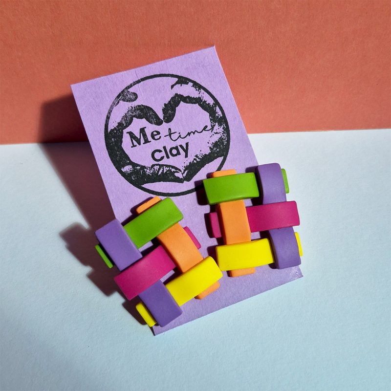 Rainbow Woven Stud Earrings, Statement Stud Earrings, Colourful Polymer Clay Earrings