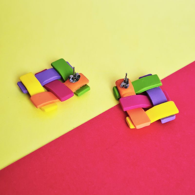 Rainbow Woven Stud Earrings, Statement Stud Earrings, Colourful Polymer Clay Earrings