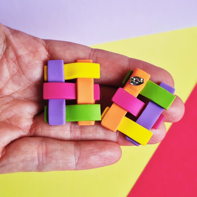 Rainbow Woven Stud Earrings, Statement Stud Earrings, Colourful Polymer Clay Earrings