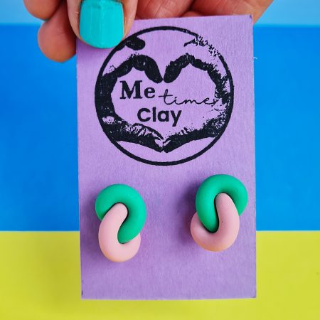 Infinity Knot Stud Earrings, Polymer Clay Earrings, mint green and blush pink