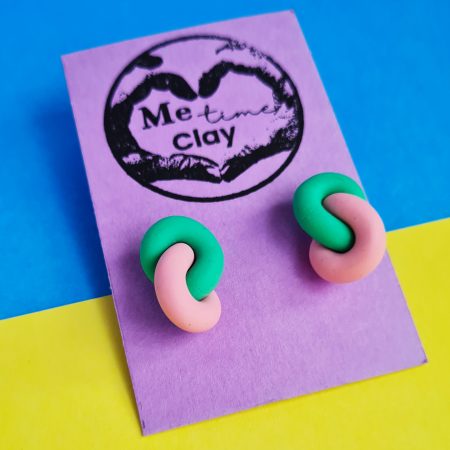 Infinity Knot Stud Earrings, Polymer Clay Earrings, mint green and blush pink