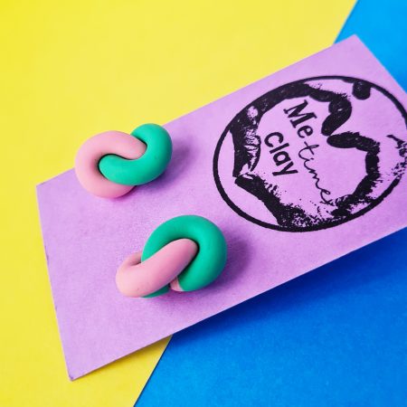 Infinity Knot Stud Earrings, Polymer Clay Earrings, mint green and blush pink