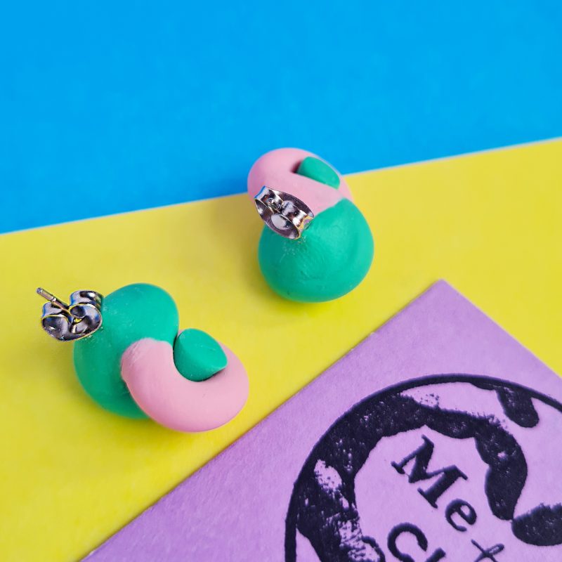 Infinity Knot Stud Earrings, Polymer Clay Earrings, mint green and blush pink