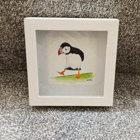 Original Framed Watercolour of a Puffin Standing on One Foot