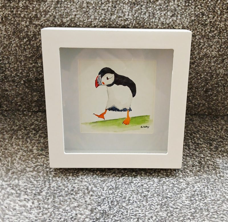 Original Framed Watercolour of a Puffin Standing on One Foot