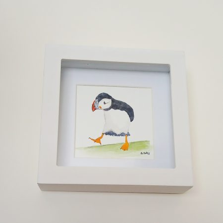 Original Framed Watercolour of a Puffin Standing on One Foot