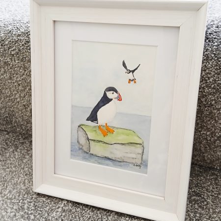 Framed Watercolour of Puffins by the Sea, 8x6" White Frame