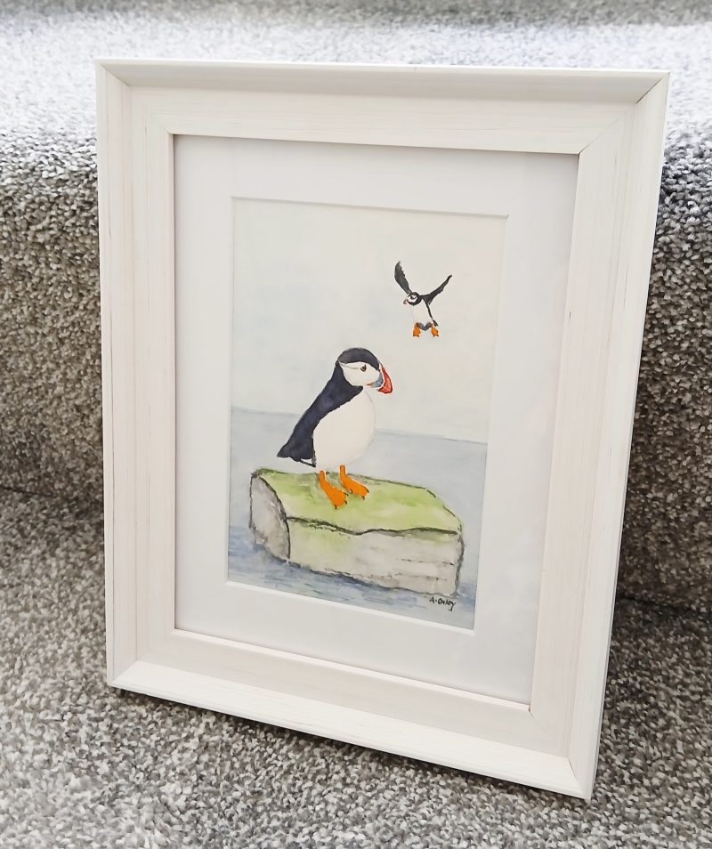 Framed Watercolour of Puffins by the Sea, 8x6" White Frame