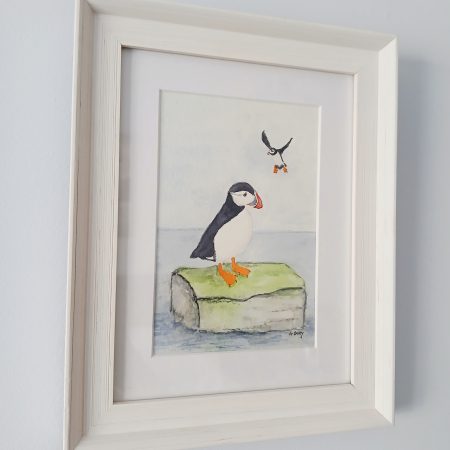 Framed Watercolour of Puffins by the Sea, 8x6" White Frame
