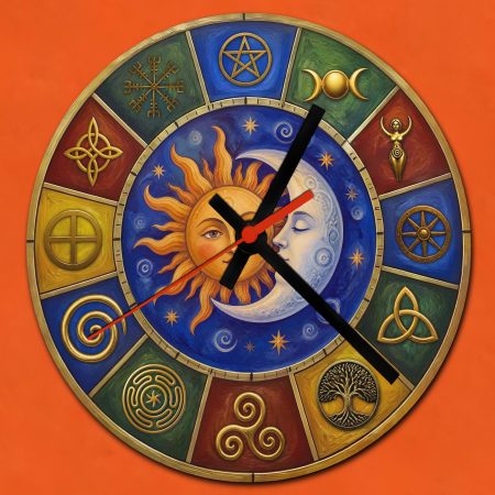 Pagan Celestial Sun Moon and Stars 20cm Round Glass Wall Clock
