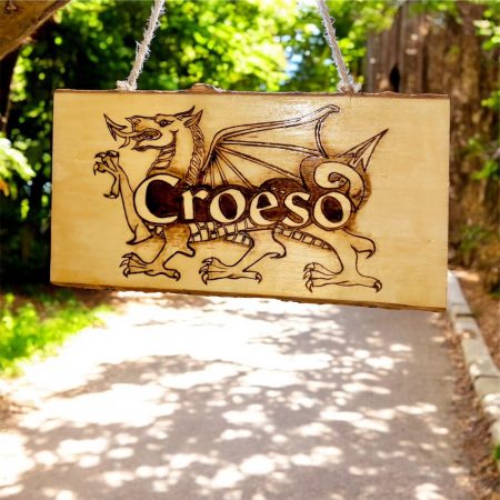 Rustic Croeso Welsh Dragon Hanging Plaque I Handmade Pyrography Wooden Welcome Sign