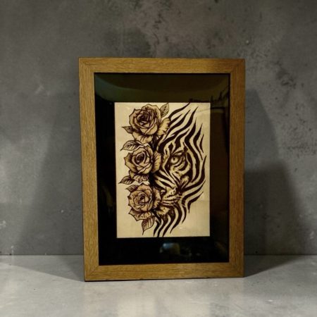 Hand Burned Tiger Framed Pyrography Artwork | Handmade Wildlife Wall Art