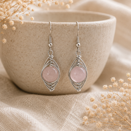 Rose Quartz Woven Drop Earrings – 10mm Crystal Earrings