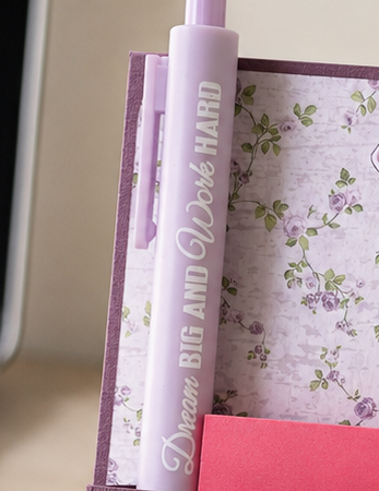 Handmade Lavender Desk Notepad Holder with Positive Quote Pen