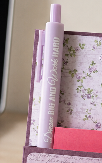 Handmade Lavender Desk Notepad Holder with Positive Quote Pen