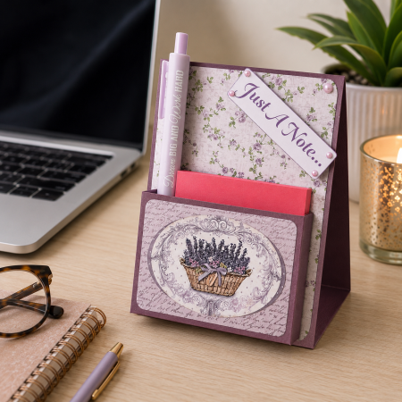 Handmade Lavender Desk Notepad Holder with Positive Quote Pen