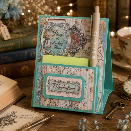 Handmade Wonderland Desk Notepad Holder with Positive Quote Pen
