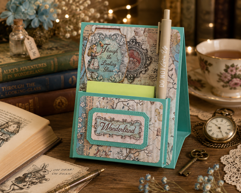 Handmade Wonderland Desk Notepad Holder with Positive Quote Pen