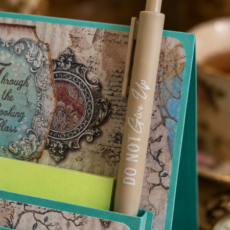 Handmade Wonderland Desk Notepad Holder with Positive Quote Pen