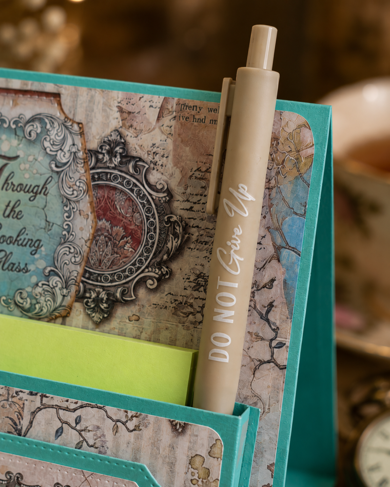 Handmade Wonderland Desk Notepad Holder with Positive Quote Pen