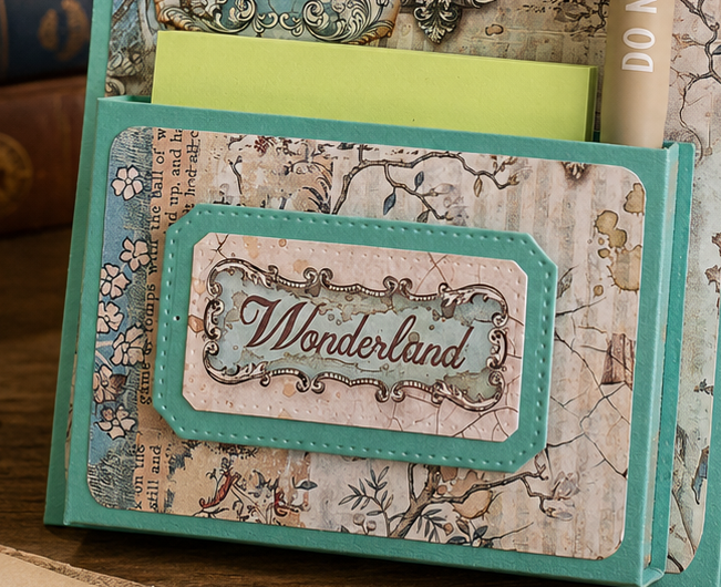 Handmade Wonderland Desk Notepad Holder with Positive Quote Pen