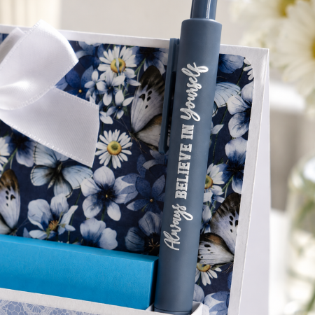 Handmade Butterfly & Floral Desk Notepad Holder with Inspirational Pen
