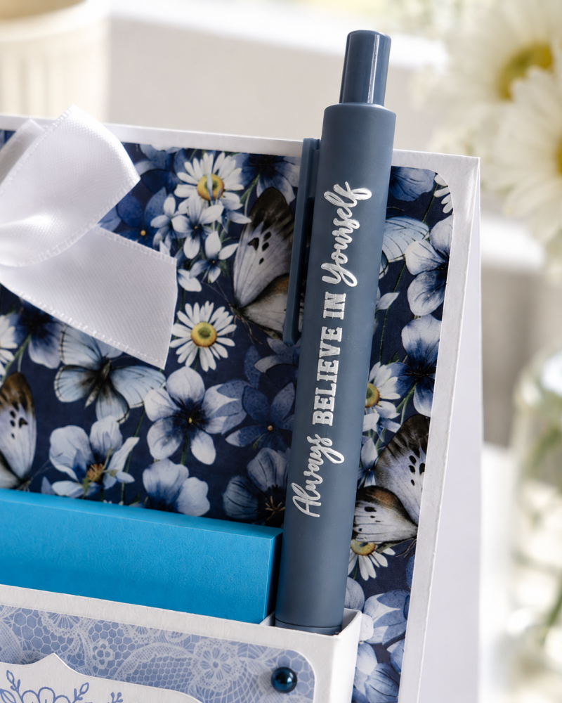 Handmade Butterfly & Floral Desk Notepad Holder with Inspirational Pen