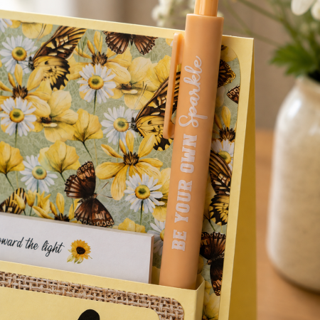 Handmade Floral Desk Notepad Holder with Inspirational Pen