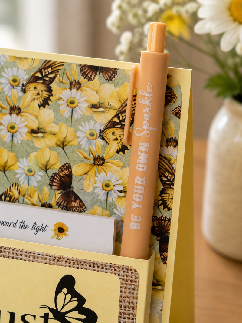 Handmade Floral Desk Notepad Holder with Inspirational Pen