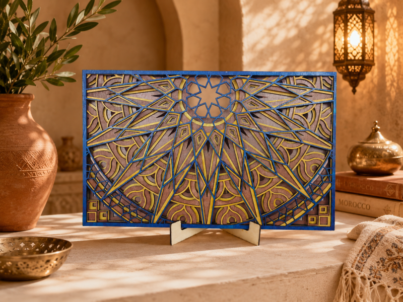 Moroccan Sun Mandala Wall Art, Layered Wooden Laser Cut Decor, Boho Geometric Shelf Display, Spiritual Home Gift for Office or Bedroom