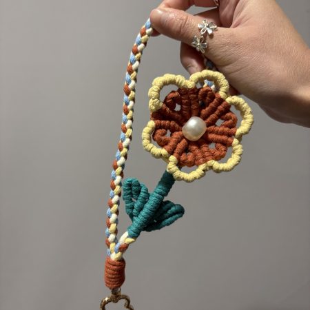Handwoven Floral Phone Lanyard Keychain with Pearl Accent