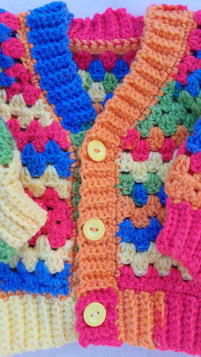 Yellow Button Closure of Crochet Cardigan