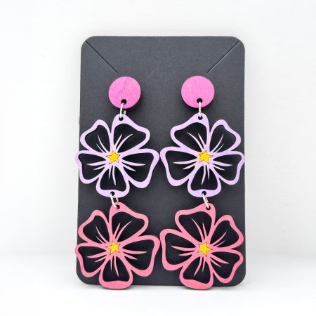Wooden double drop flower design stud earrings in Various Colours