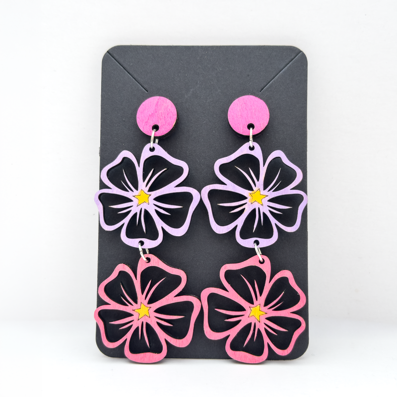 Wooden double drop flower design stud earrings in Various Colours