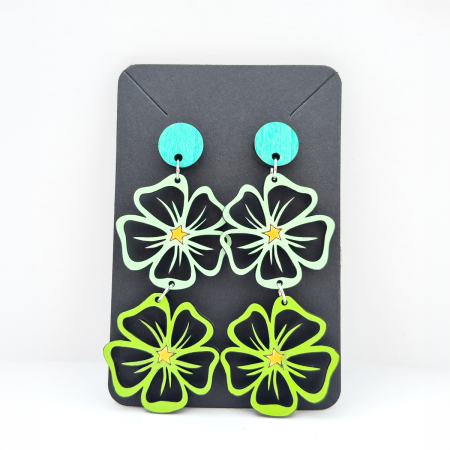 Wooden double drop flower design stud earrings in Various Colours