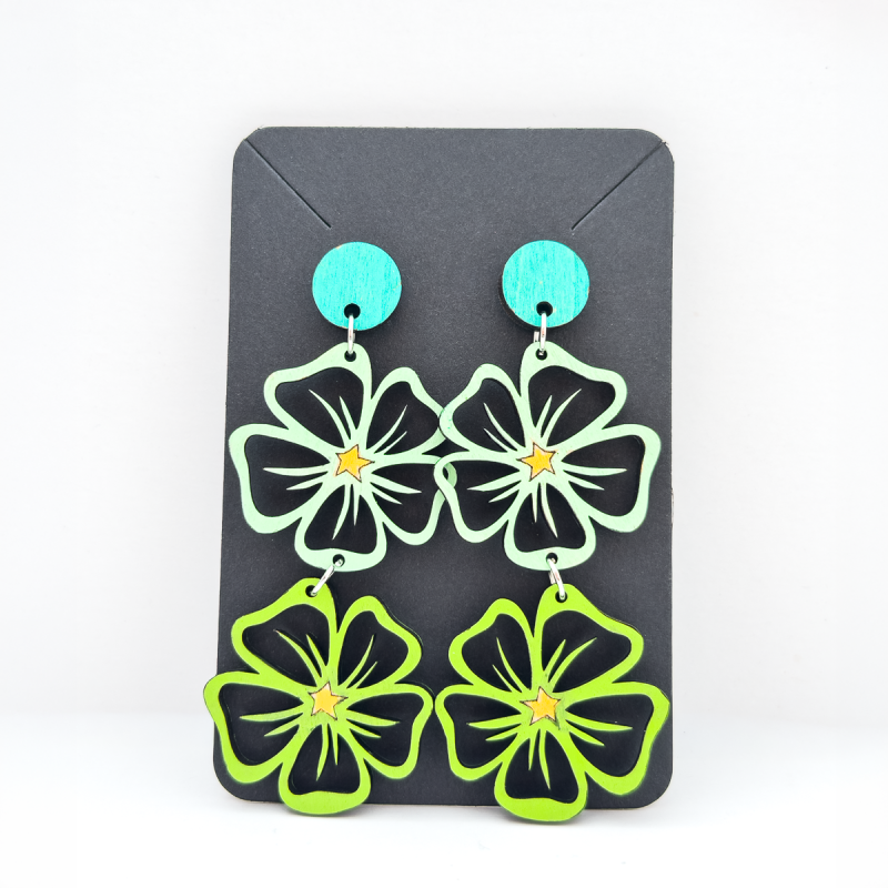 Wooden double drop flower design stud earrings in Various Colours
