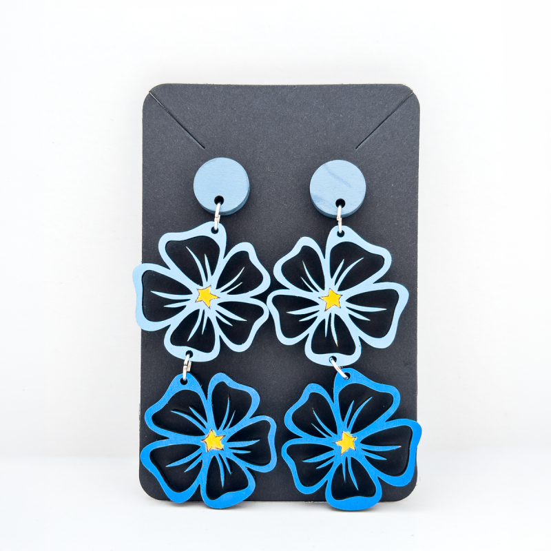 Wooden double drop flower design stud earrings in Various Colours