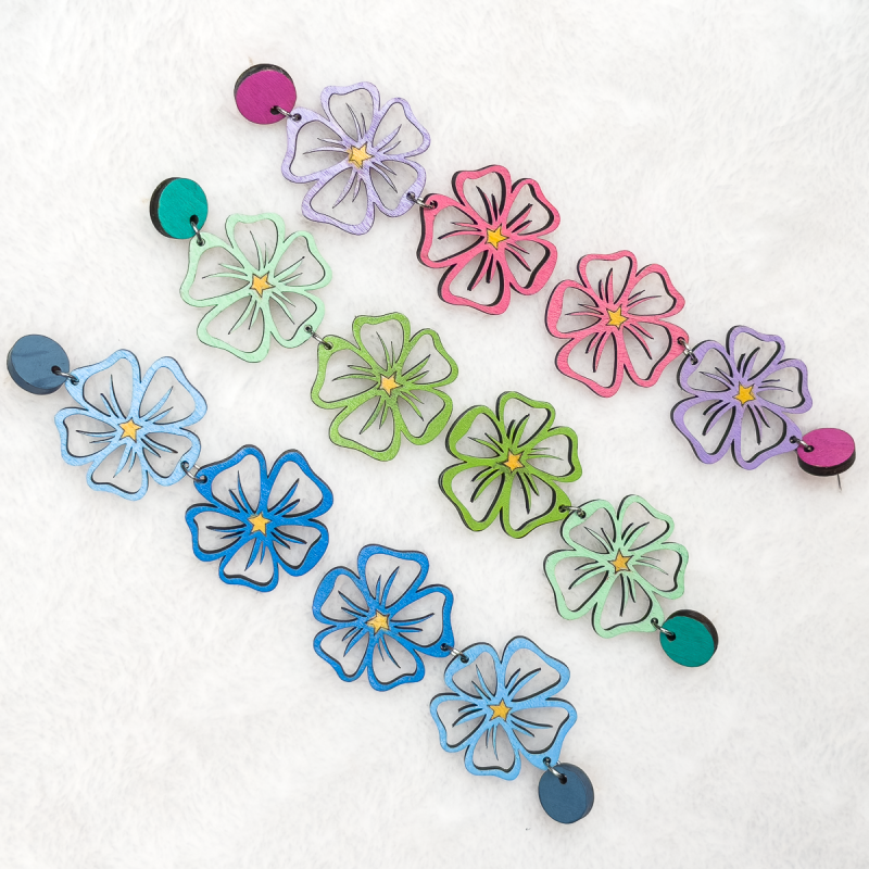 Wooden double drop flower design stud earrings in Various Colours