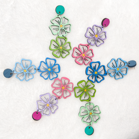 Wooden double drop flower design stud earrings in Various Colours