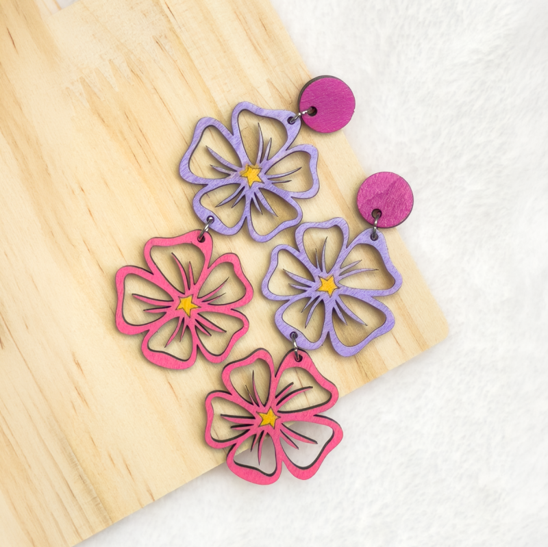 Wooden double drop flower design stud earrings in Various Colours