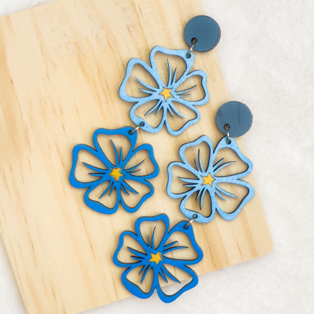 Wooden double drop flower design stud earrings in Various Colours