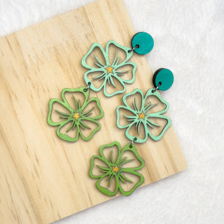 Wooden double drop flower design stud earrings in Various Colours