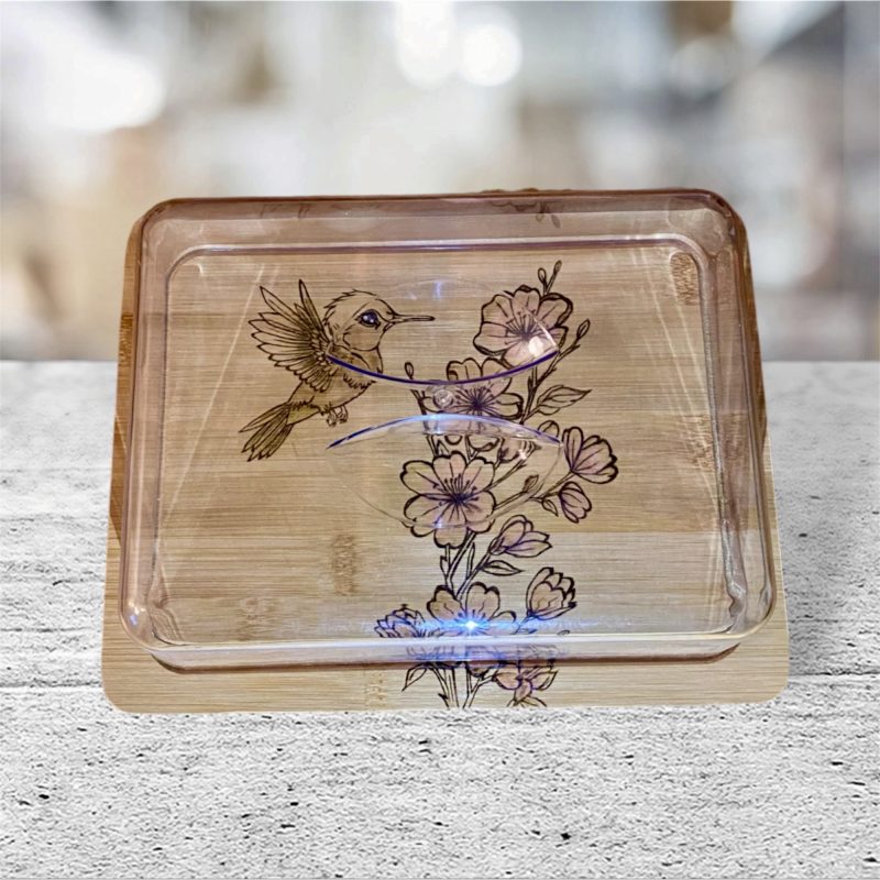 Hand Burned Hummingbird Serving Board with Acrylic Dome Cover | Bamboo Cheese Board | Cake Display | Handmade Gift
